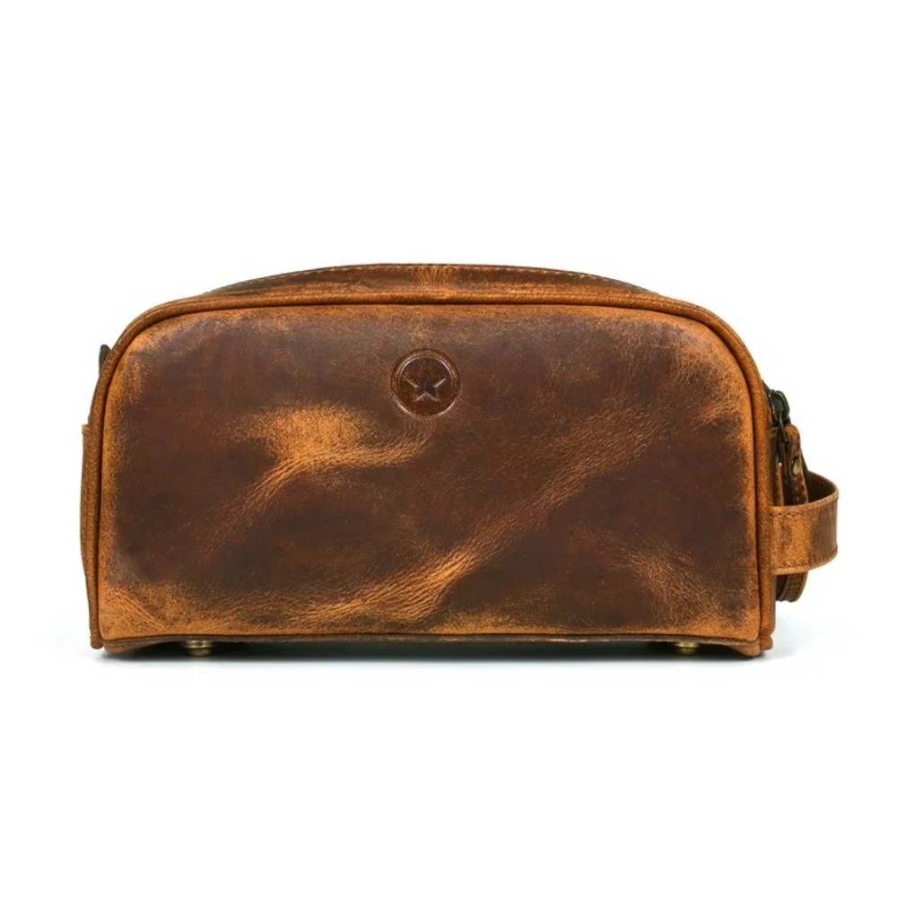 Aaron Leather Goods Genuine Leather Toiletry Bag - Caramel